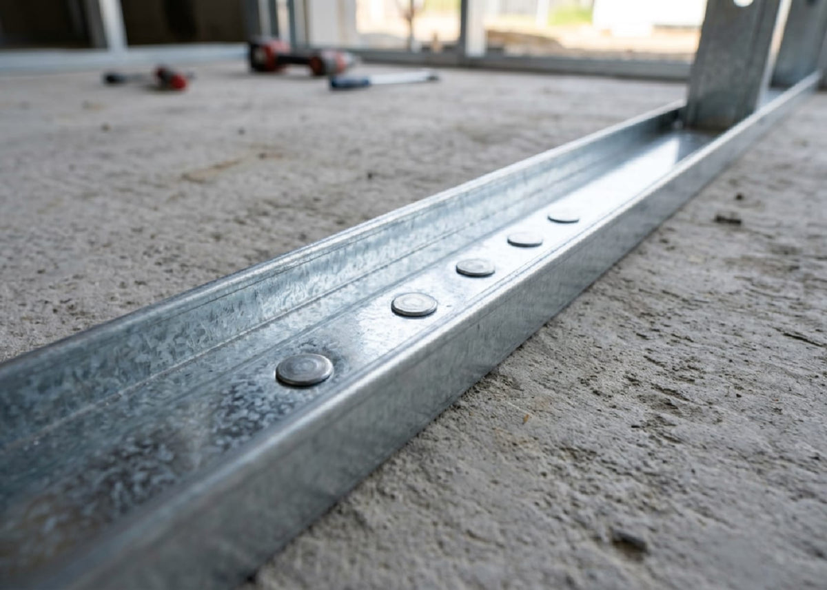 Solera de drywall anclada al piso de hormigón con clavos fulminantes al ras
