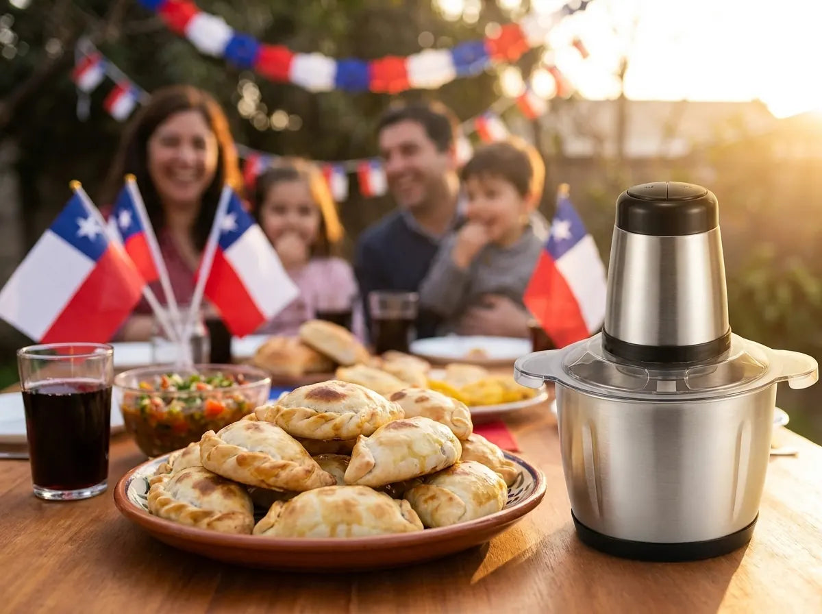 Mesa de Fiestas Patrias con empanadas y la picadora al costado