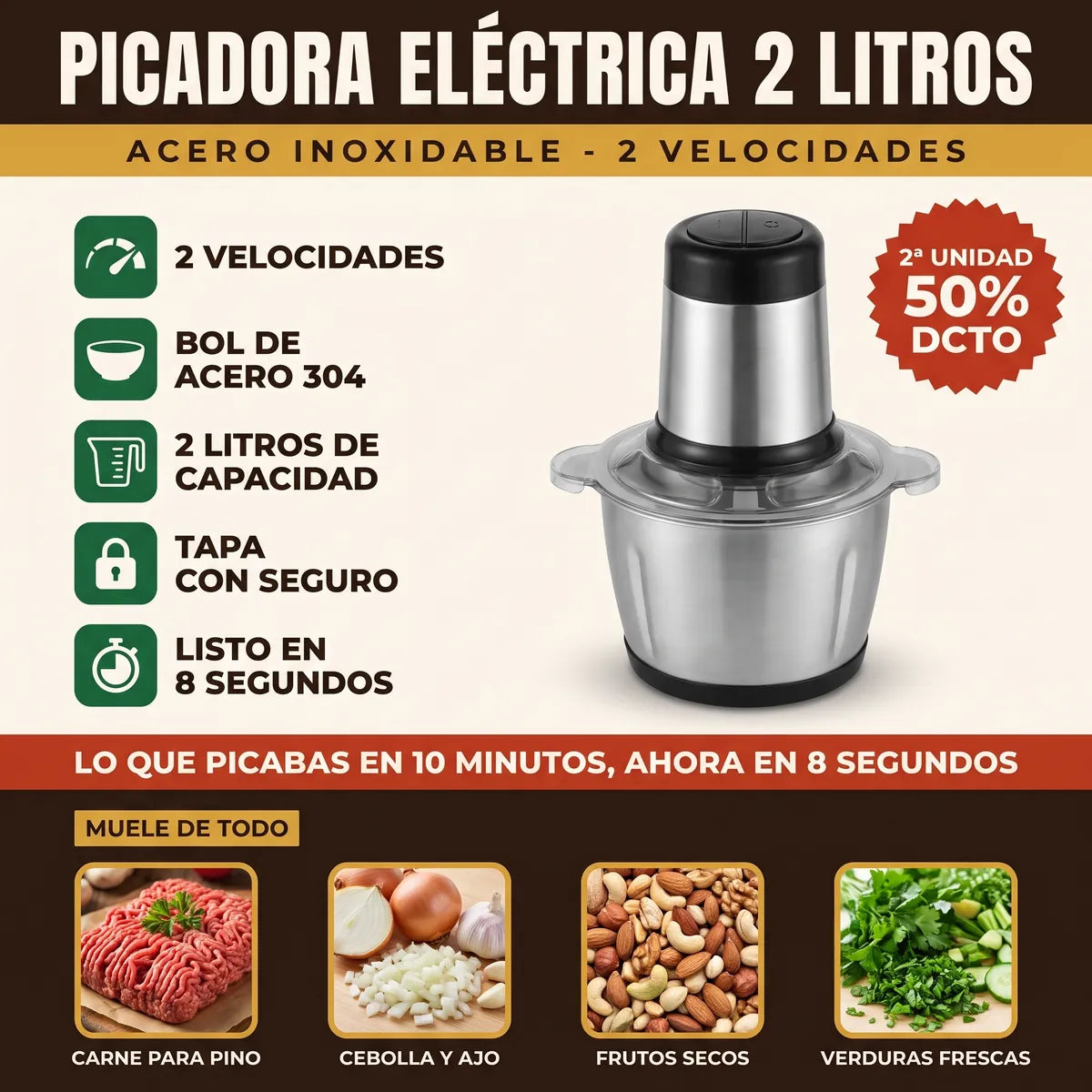 Ficha de la picadora electrica 2 litros: 2 velocidades, bol de acero 304, tapa con seguro y alimentos que muele