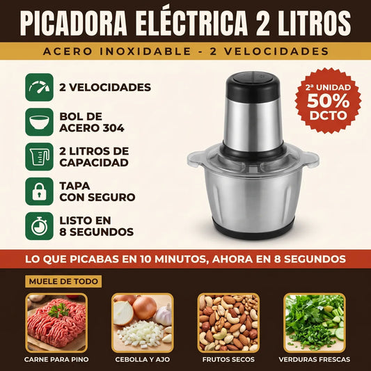 Ficha de la picadora electrica 2 litros: 2 velocidades, bol de acero 304, tapa con seguro y alimentos que muele