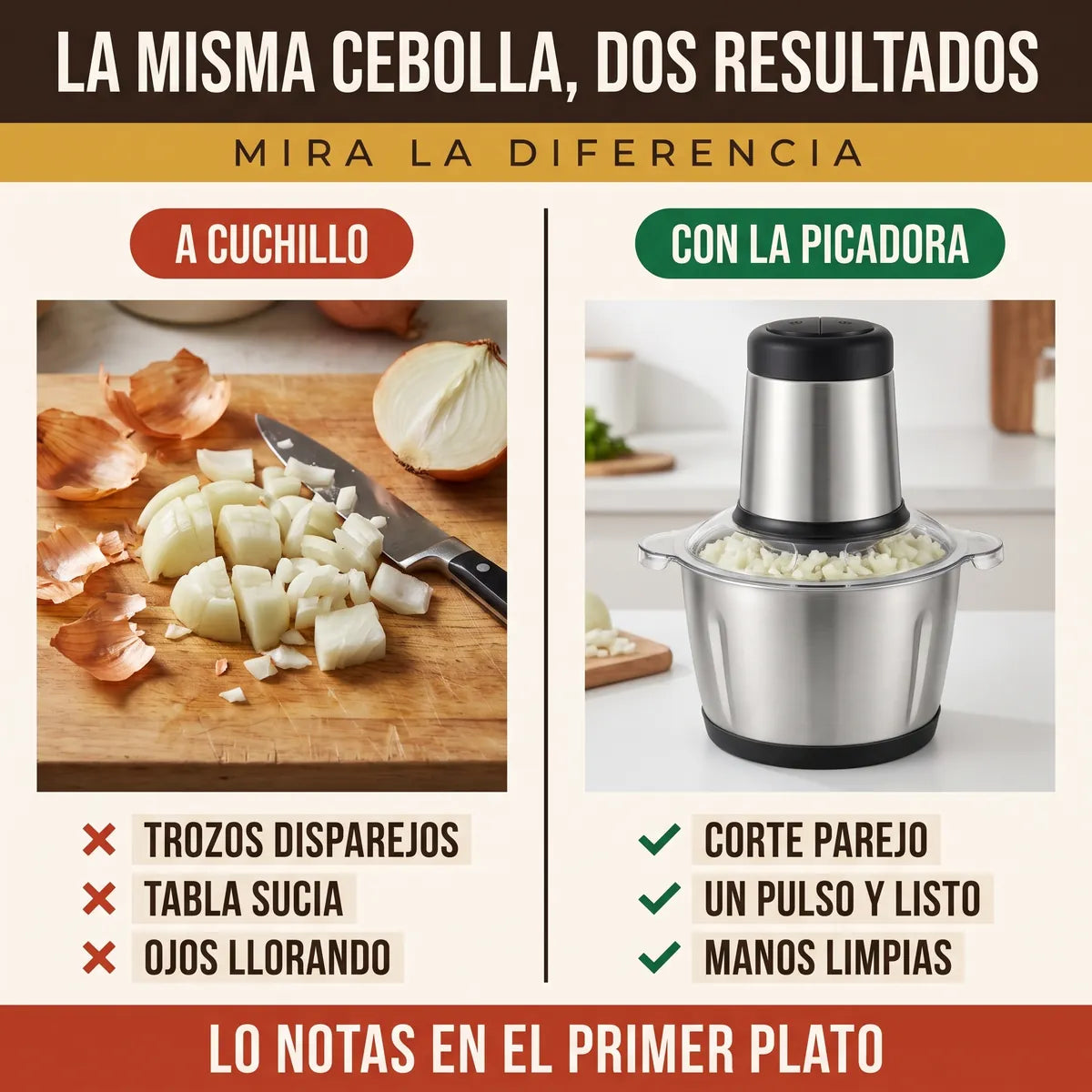 Comparacion entre picar cebolla a cuchillo y picarla con la picadora electrica